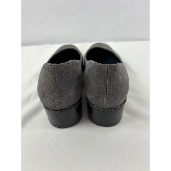 Stuart Weitzman Low Heel Pumps Dark Grey Suede Size 8 Square Toe Low Block Heel - Picture 6 of 14